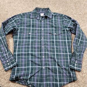 Wrangler Western Pearl Snap Shirt Mens Medium Plaid Cowboy Long Sleeve Western